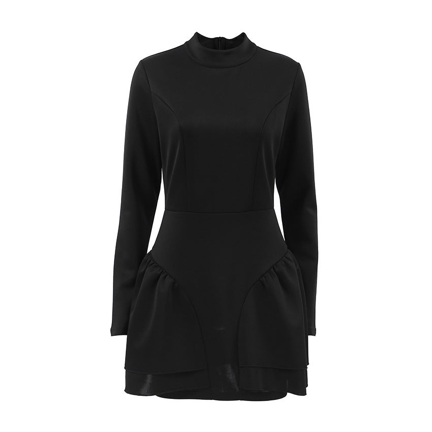 high neck skater dress long sleeve Black High Neck Long Puff Sleeve Belted Skater Dress